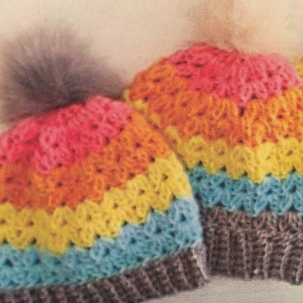crochet  vstitch beanie, crochet vstitch beanie, crochet v stitch beanie, bernat pop yarn colors, winter hats pompom faux fur