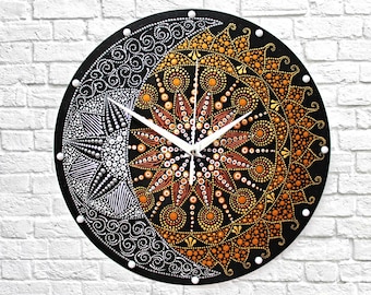 Sun and moon mandala clock hand painted on wood 10.5/12/16/18 inches in diameter