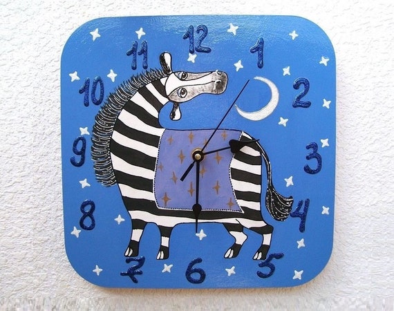 Zebra Wall Decor Children Room Art Blue Wall Clock Bedtime Decor Bedroom Clock Painting On Wood Children S Clock Wooden Wall Clock