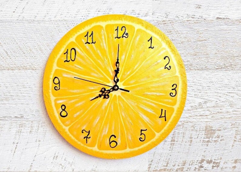 Yellow kitchen clock Lemon wall decor hand painted on wood Etsy