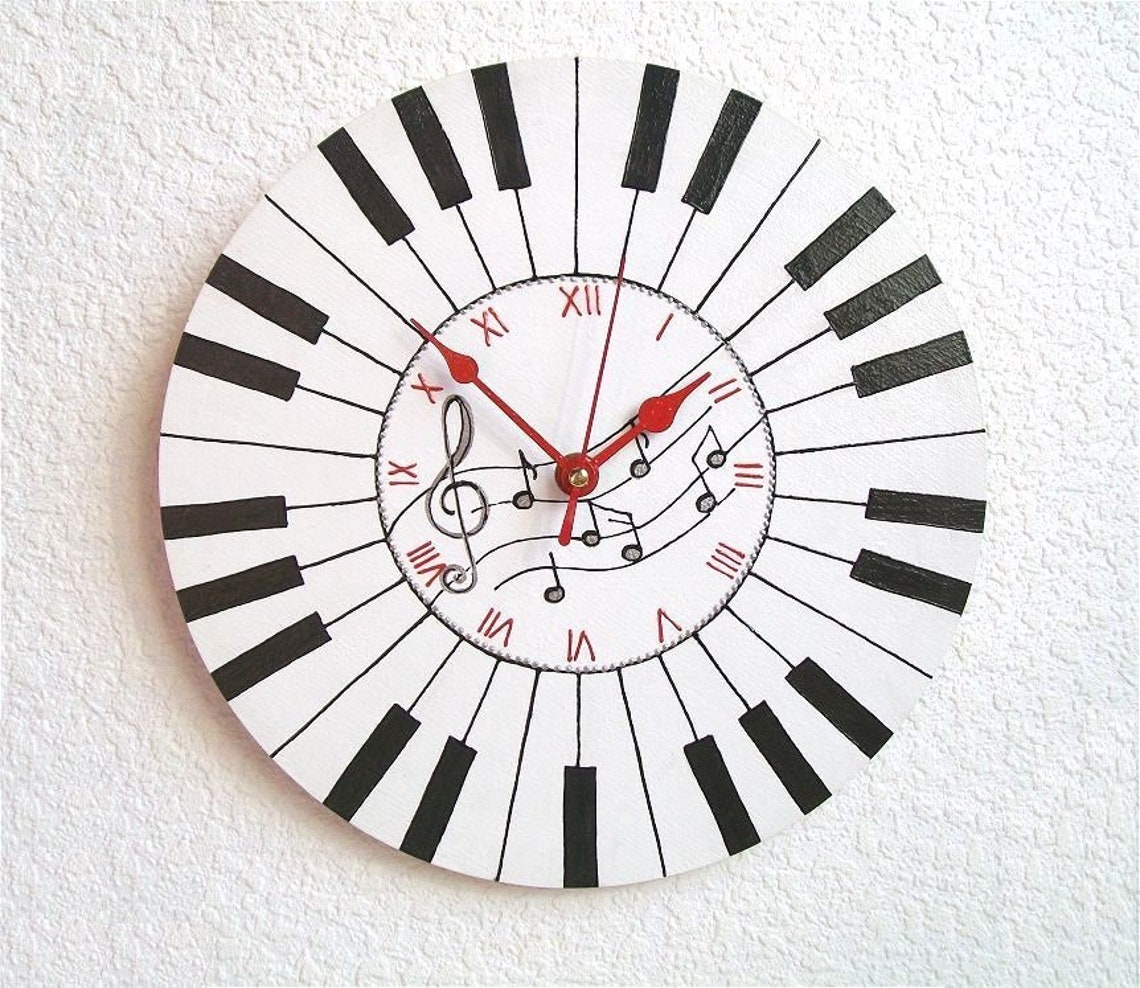 Piano wall clock hand painted on wood White black home decor Etsy