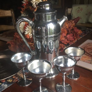 Art Deco Silver with Filagree Cocktail Shaker and 4 Glasses