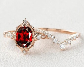 Oval Shape Garnet Ring set, Red Stone Ring set, Birthstone Ring set, Gift for Wife, Gift for Woman, Art deco Garnet Ring set 925 Silver Ring