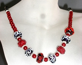 Lampwork, Glass Pearl & Sterling Silver Necklace, Earrings