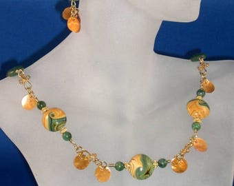 Lampwork, African Jade & Mother of Pearl Necklace, Earrings