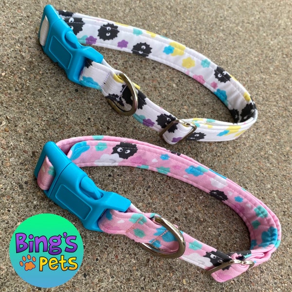 Studio Ghibli Fabric Dog Collar or Leash, Soot Sprite, Spirited Away, My Neighbor Totoro; YOU PICK COLOR- white or pink