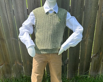 Boys Olive Green Sweater Vest with Leaf Embroidery
