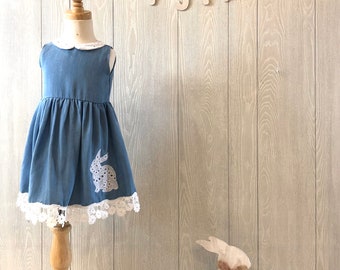 Girls Chambray Dress with Bunny Appliqué