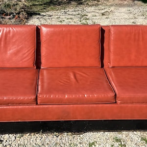 Vintage Mid Century Modern Sofa | Cognac Rust Vinyl Lounge Couch