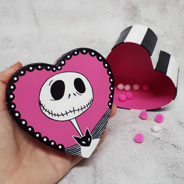 JACK Skellington - The Nightmare Before Christmas - TIM BURTOM - Hand Painted Heart Box - Pastel Goth Decoration - Sally Zero - Dark Gift