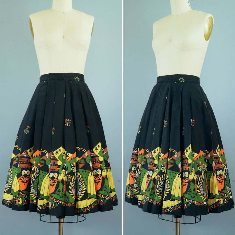 1950s Novelty Print Skirt 50s Scandinavian Folk Print Etsy