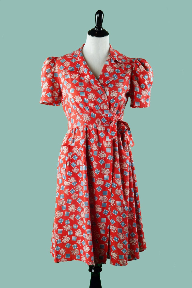 Late 1930s Feedsack Wrap Dress 30s Red Floral Check Day | Etsy