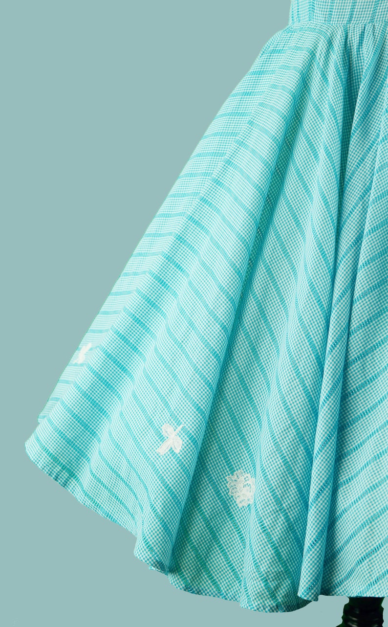 1950s Aqua Blue Gingham Dress 50s Full Skirt Dress With Lace Appliques