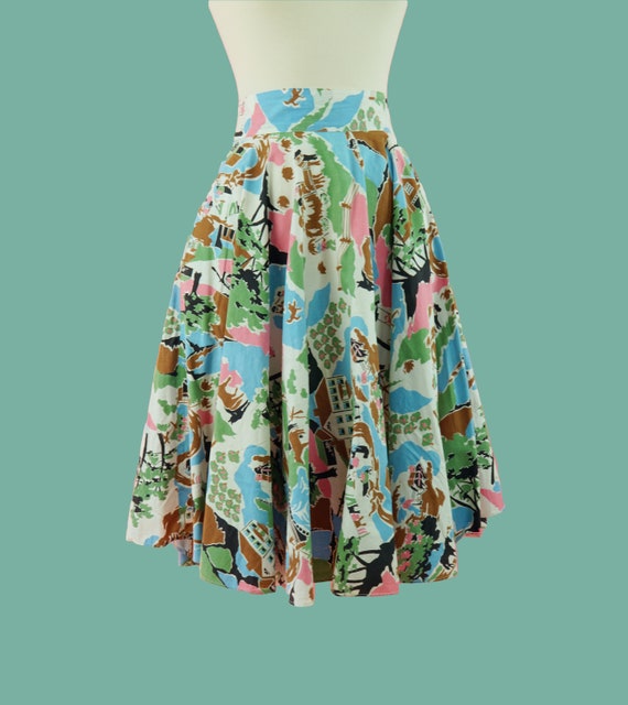 1950s Cotton Countryside Novelty Print Skirt - 50s
