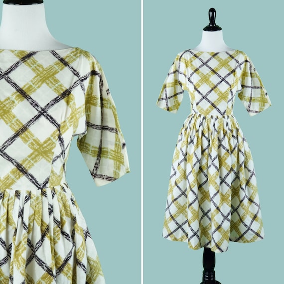 1950s Brushstroke Plaid Print Dress - 50s Dress Wi