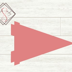 May include: A pink pennant flag with a pointed tip and a straight base. The flag is on a white woodgrain background.