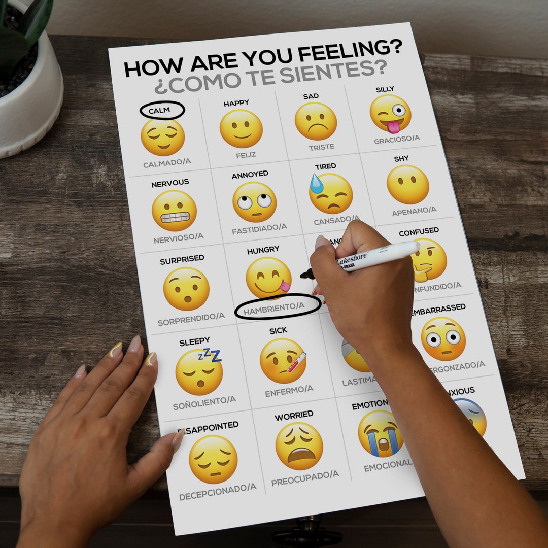 Wipeable Emoji Feelings Chart: Bilingual English Spanish, Therapy  Counseling Art - Etsy, image size:1080x1080