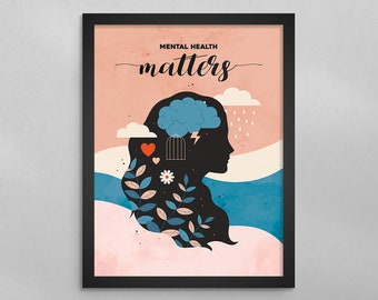 Mental Health Awareness Poster Wall Art Matters Illustration Gift for Therapist Counselor Print Therapy Counseling Class Motivational