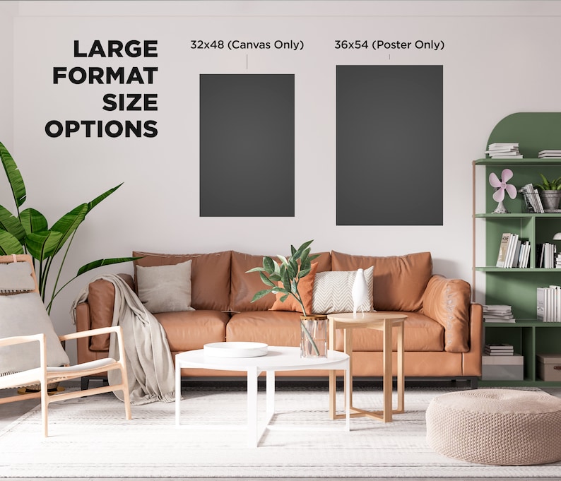 Op de afbeelding: Een woonkamer interieurontwerp mockup met twee verschillende formaten canvas prints. De tekst boven de prints luidt "Large Format Size Options" met de formaten "32x48 (Canvas Only)" en "36x54 (Poster Only)".