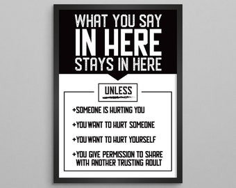 What You Say In Here Stays In Here Counseling Poster - School and Class Therapy Wall Art Decor - Teachers Counselors Therapists