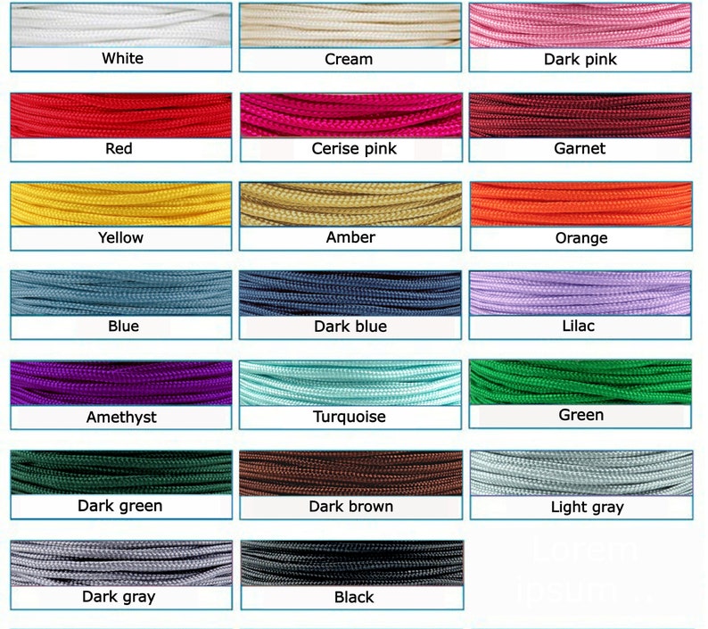 Pu&ograve; includere: Una cartella colori di 18 colori diversi di cordoncino, con il nome di ogni colore scritto sotto.