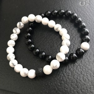 Couples Distance Bracelet, Soulmate Bead Bracelet, Unity Beaded Bracelet, Howlite White Bracelet, Black Onyx Bracelet, 8mm Beaded Bracelets