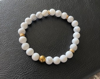 White Howlite Bracelet, Howlite Bead Bracelet, 8mm Beaded Bracelet, White Bead Bracelet, Womens Bead Bracelet, Mnes Bead Bracelet