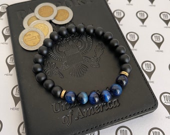 Blaues Tigerauge & Matte Onyx 8 mm Perlenarmband