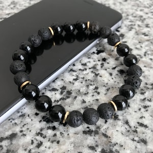 Onyx and Lava Stone Bead Bracelet - Black Onyx Bracelet, Lava Stone Bracelet, Oil Diffuser Bracelet, Unisex Bead Jewelry, w/ Gold Accents