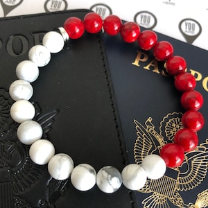 Red Jade & Howlite Beaded Bracelet - Silver Accents, 8mm