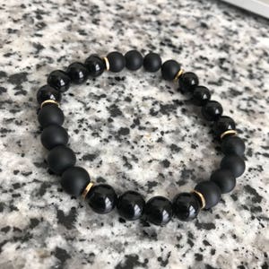Matte Onyx Bracelet, Black Onyx Bracelet, Womens Beaded Bracelet, Mens Black Bracelet, Unisex Bracelet, Onyx 8mm Bracelet, w/ Gold Accents