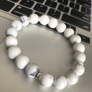 Matte Howlite Bracelet - Matte White Bracelet, Womens Beaded Jewelry, Howlite White Jewelry, 10mm Beaded Bracelet, w/ Silver Accents