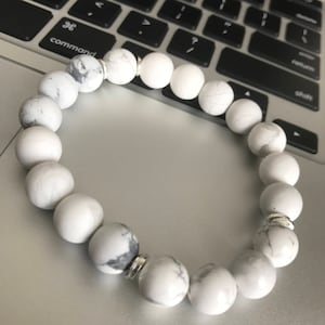 Matte Howlite Bracelet, Matte White Bracelet, Womens Beaded bracelet, Howlite White Bracelet, 10mm Beaded Bracelet, w/ Silver Accents