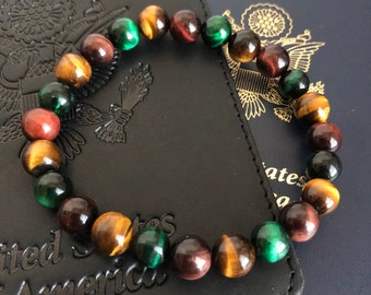 African Themed Bracelet, Red Tigereye Bracelet, Green Tigereye Bracelet, Orange Tigereye Bracelet, 8mm Beaded Bracelet, Unisex Bead Bracelet