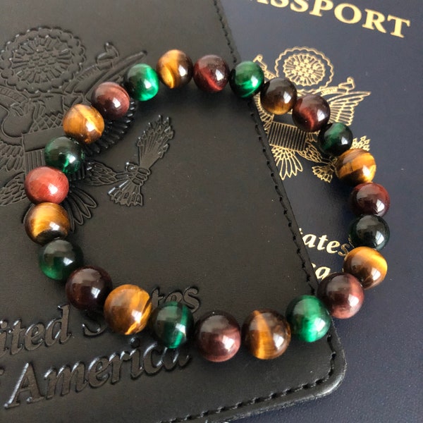 African Themed Bracelet, Red Tigereye Bracelet, Green Tigereye Bracelet, Orange Tigereye Bracelet, 8mm Beaded Bracelet, Unisex Bead Bracelet