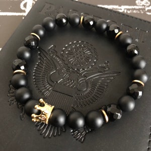 Matte Black Bead Bracelet - Black Onyx Bracelet, Gold Charm Jewelry, Faceted Onyx Bracelet, 8mm Bead Bracelet, w/ Gold Crown And Accents