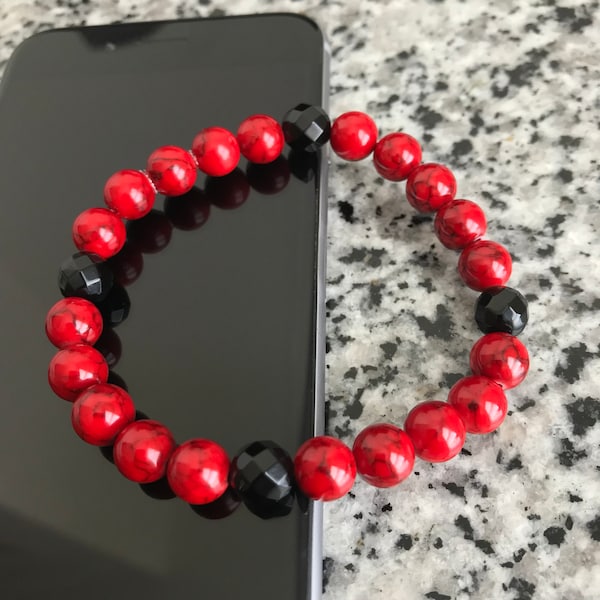 Red Jade Bracelet, Jade Beaded Bracelet, Faceted Onyx Bracelet, Red Beaded Bracelet, 8mm Beaded Bracelet, Unisex Bead Bracelet