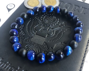 Blue Tigereye & Matte Onyx 8mm Beaded Bracelet