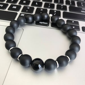 Matte Onyx Bracelet, Black Beaded Bracelet, Matte Black Bracelet, Black Onyx Bracelet, 10mm Beaded Bracelet, w/ Silver Accents