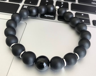 Matte Onyx Bracelet with Silver Accents: 10mm Black Beaded Bracelet