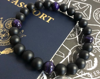 Purple Tigereye & Matte Onyx Beaded Bracelet - 8mm Stone