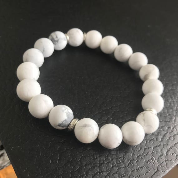 Bracelet Perles Howlite Blanche 8mm Sur Mesure - Fait Main, Sans Fermoir, Neuf