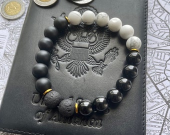 Onyx And Howlite Bracelet, 10mm Beaded Bracelet, Lava Stone Bracelet, Black Onyx Bracelet, White Howlite Bracelet, Unisex Beaded Bracelet