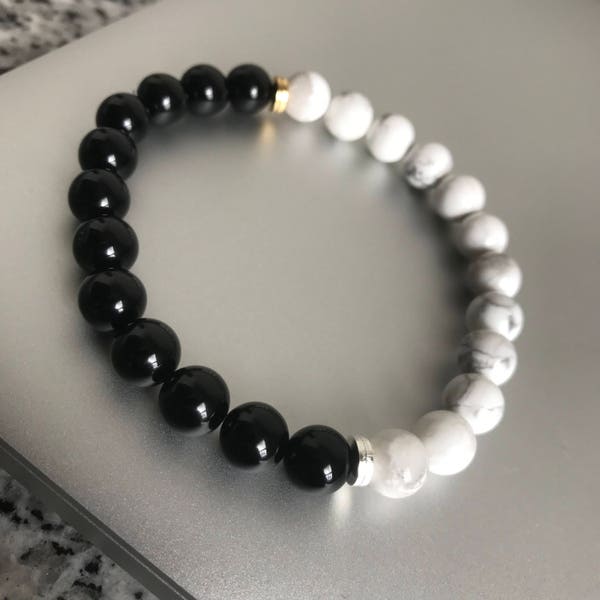 Howlite White Bracelet, Black Onyx Bracelet, White Bead Bracelet, Black Bead Bracelet, 8mm Beaded Bracelet, w/ Gold Silver Accents