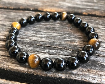 Pulsera de cuentas de ónix y ojo de tigre: joyería con piedras preciosas de 8 mm.