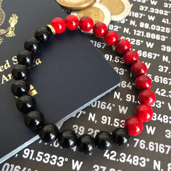Red Beaded Bracelet, Black Beaded Bracelet, Onyx Beaded Bracelet, Red Jade Bracelet, Unisex Bracelet, 8mm Beaded Bracelet, w/ Gold Accents