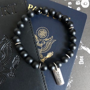 Silver Charm Black Bracelet - Matte Black Bracelet, Black Onyx Jewelry, Faceted Onyx Bracelet, Black Beaded Jewelry,  Dream Charm Bracelet