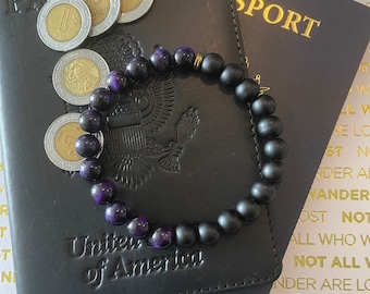 Purple Tigereye & Matte Onyx Beaded Bracelet with Gold Disc