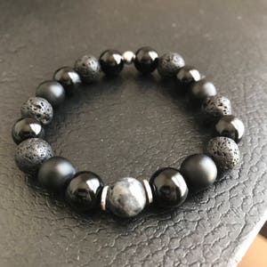 Black Onyx + Matte Onyx + Lava Stone Bracelet - Black Bead Jewelry, Onyx Bead Bracelet, 10mm Beaded Bracelet, w/ Silver Accents