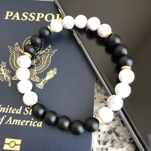 Matte Onyx Bracelet, Howlite White Bracelet, White Beaded Bracelet, Matte Black Bracelet, 8mm Beaded Bracelet, w/ Gold Accents